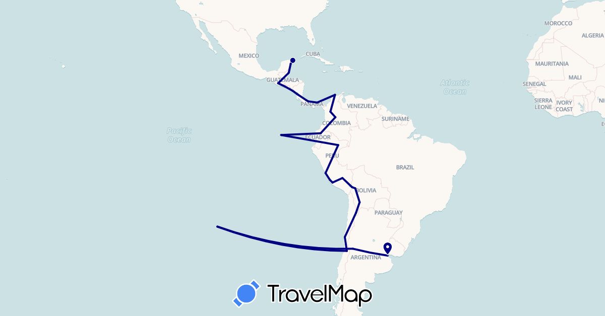 TravelMap itinerary: driving in Argentina, Bolivia, Belize, Chile, Colombia, Costa Rica, Ecuador, Guatemala, Mexico, Nicaragua, Panama, Peru, El Salvador (North America, South America)